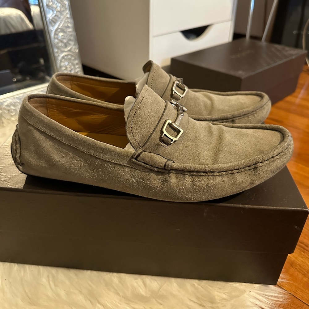 beige/tan suede Gucci loafers 8.5